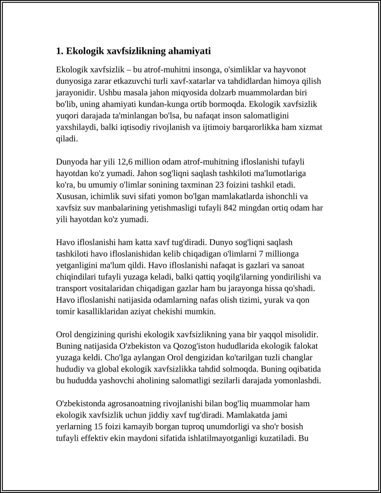 EKOLOGIK XAVFSIZLIK, UZLUKSIZ RIVOJLANISH, TA'LIM VA TARBIYA KONSEPSIYASI REFERAT 3