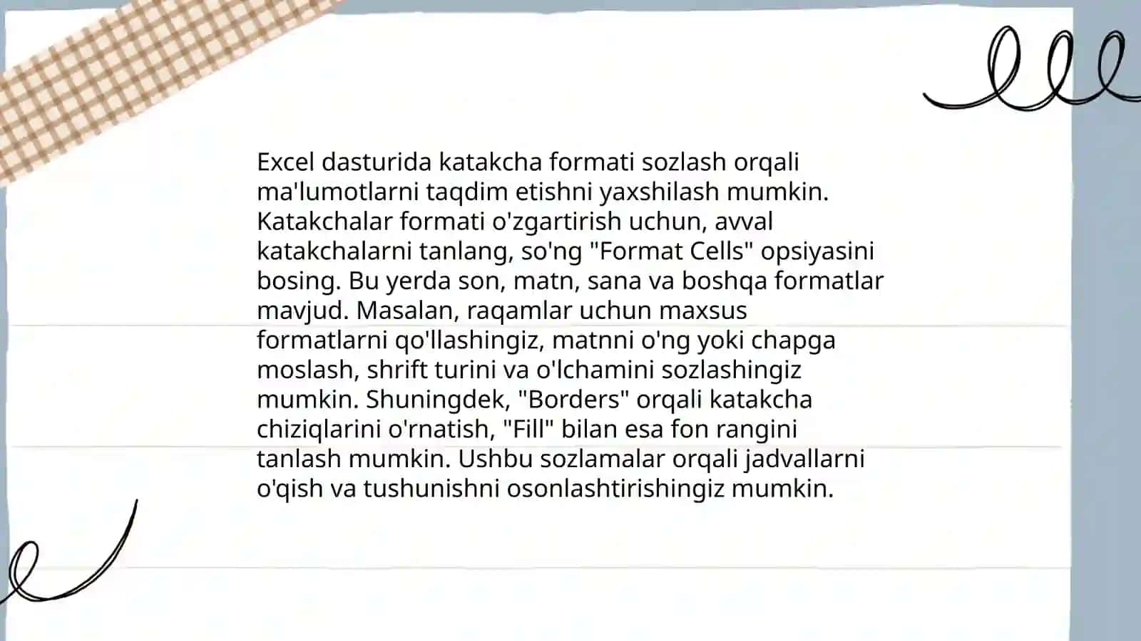 Excel dasturida katakcha formati sozlash 3