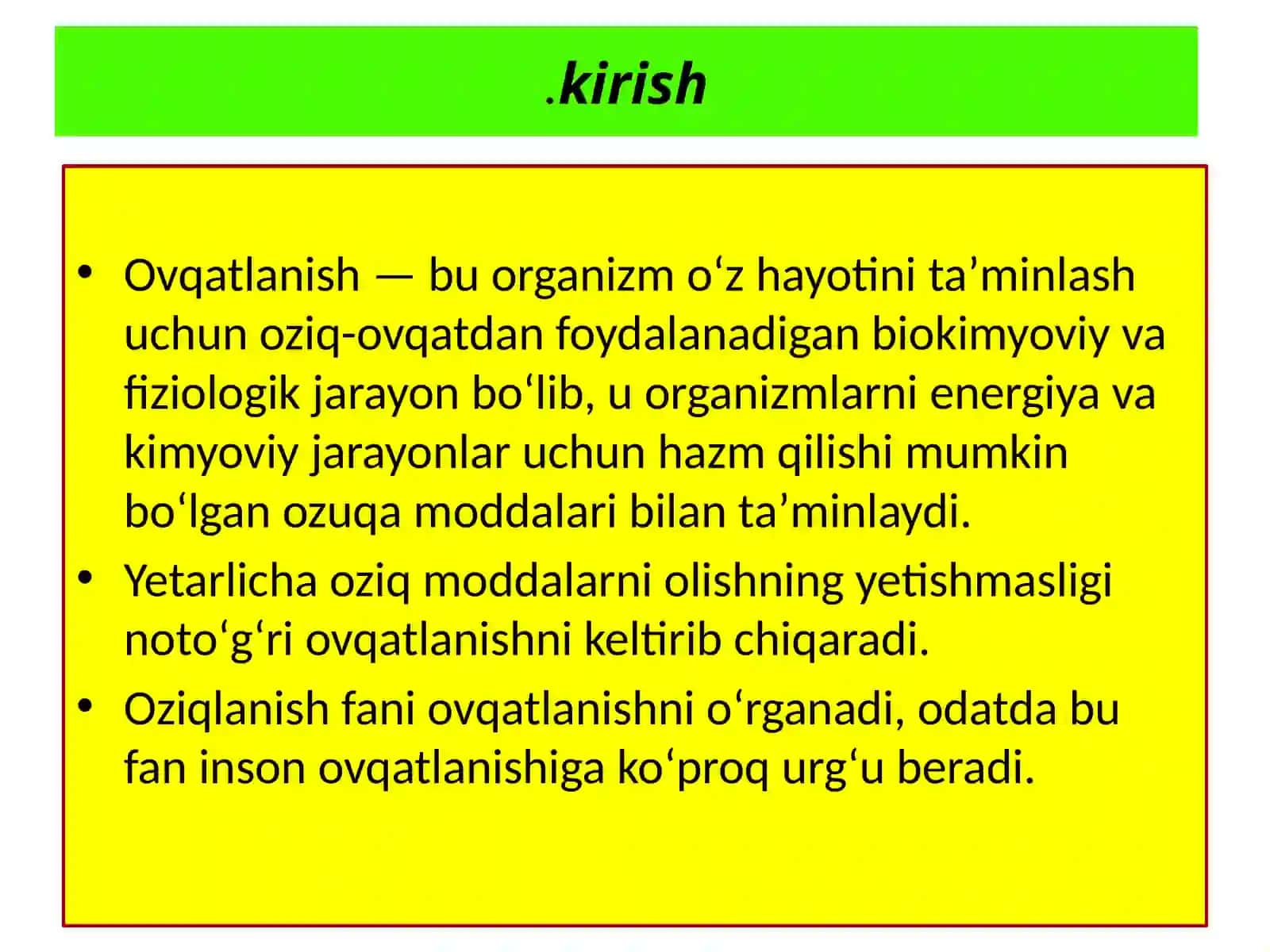 Gigiyena, harbiy gigiyena. Tibbiy ekologiya fanidan, Asosiy oʻquvi moddalar: oʻqsillar, yogʻlar, karbonsuvlar mineral moddalar, vitaminlarning biologik oʻrniva asosiy manbalari 3