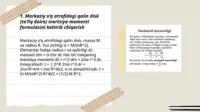 Turli geometrik shaklga ega boʻlgan invertisa momentni hisoblash formulasni keltrib chiqarish 3