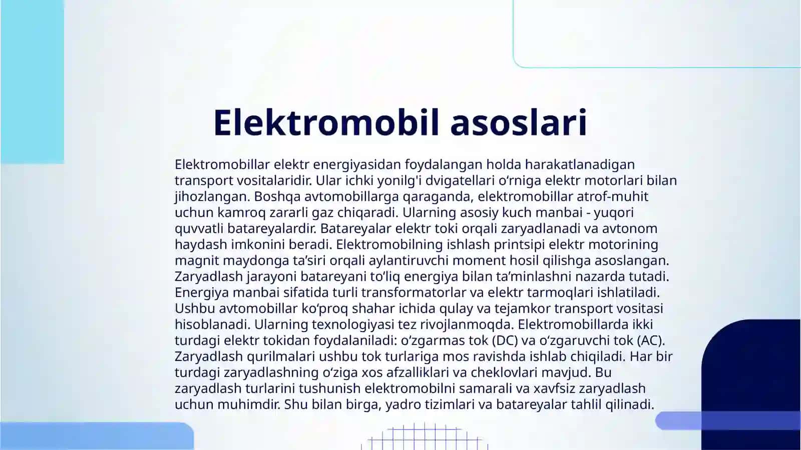 ELEKTROMOBILNING ZARYADLASH USULLARI VA TARTIBI AC VA DC TOK 3