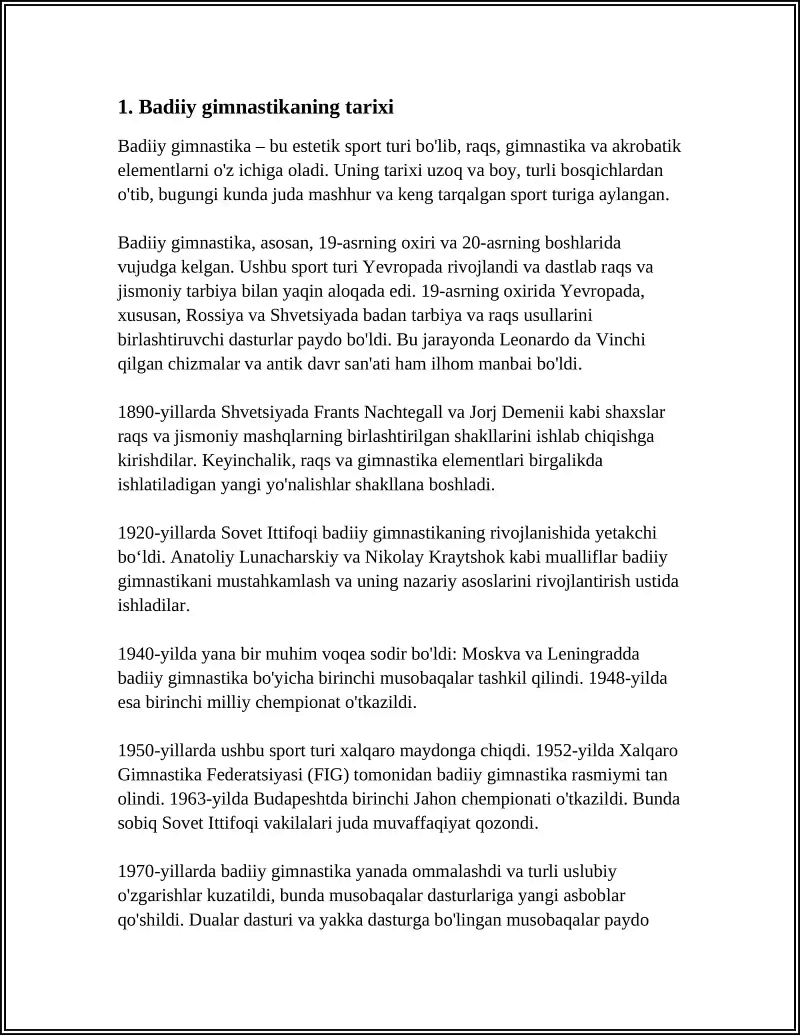 BADIIY GIMNASTIKA (TARIXI, QOIDALARI, OLIMPIYA OʻYINLARI, JAHON CHEMPIONATLARI) 3