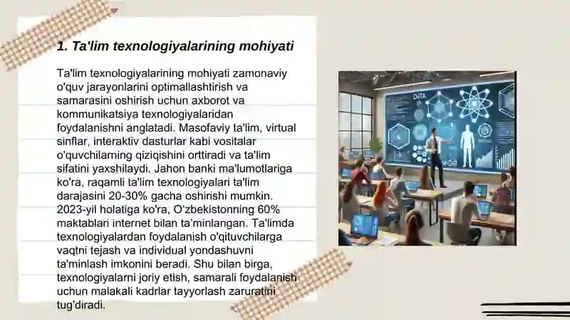 Ta'lim texnologiyasining asosiy tarkibiy qismlari haqida umumiy malumot va Xulosa 3