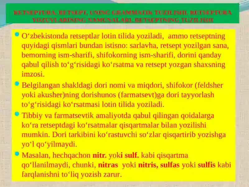 RETSEPT, UNING GRAMMATIK TUZILISHI. RETSEPTURA YOZUVLARINING NAMUNALARI 3