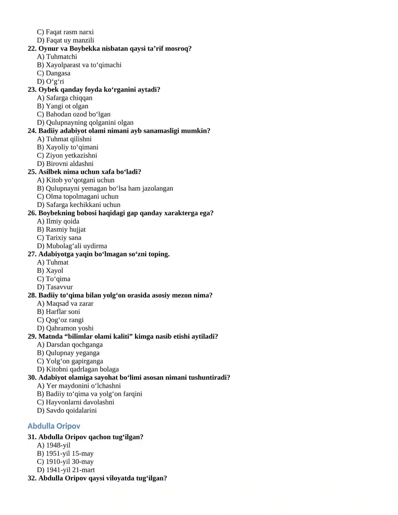 5-SINF ADABIYOTI 1-QISM BOʻYICHA TESTLAR 3