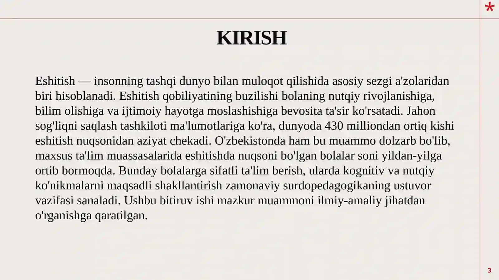 "Ixtisoslashtirilgan ta'lim muassasasi o'qituvchisi va tarbiyachisi surdopedagogik ah_uquqiniberish" bo'yicha kasbiy qayta tayyorlash kursi tinglovchisi Ibrayimova Masturaning Bitiruv ishi taqdimoti 3