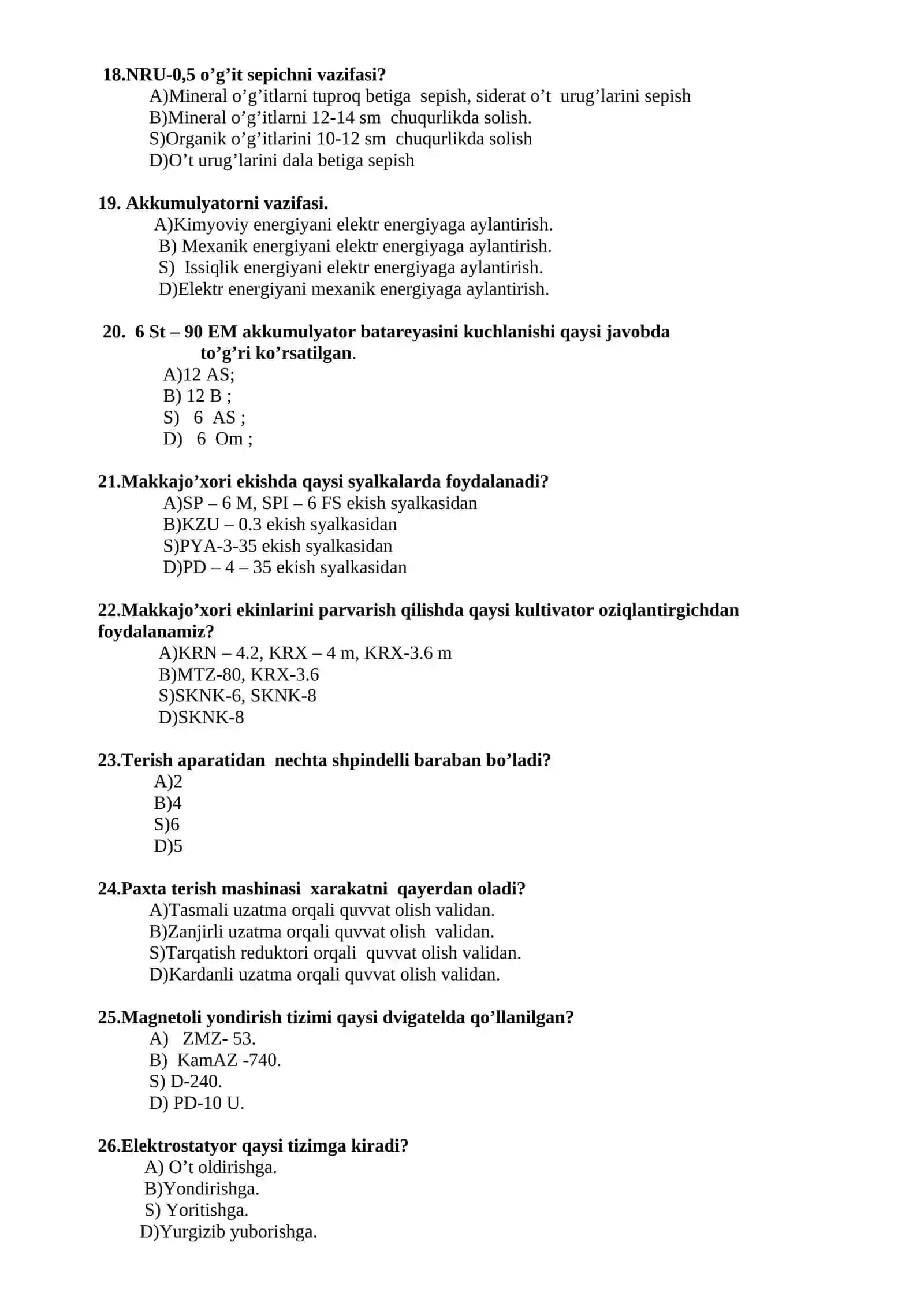 Traktorchi mashinist yonalishi bo’yicha kasbiy fanlardan test savollari 3