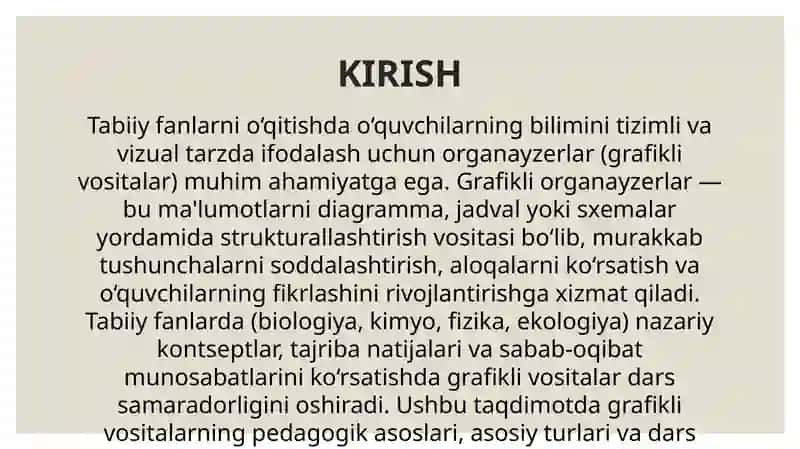 O'qitishnig grafikli vositasidan tabiiy fanlarni organeyzerlar o'qitishda foydalanish 3