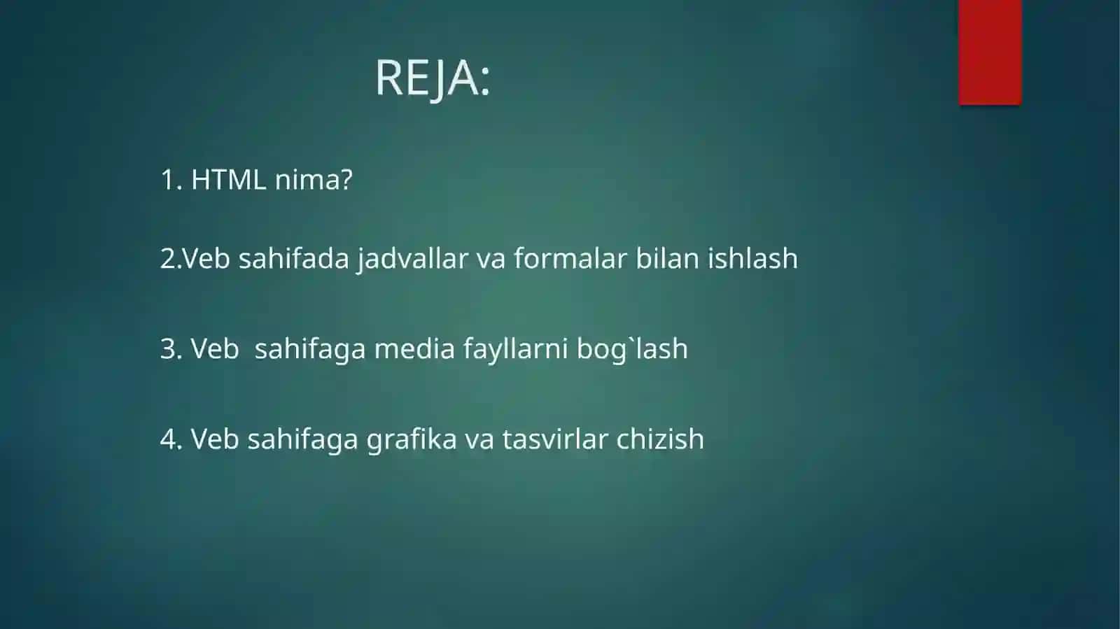 Gipermatnlimarkerlashtili(HTML)asosiytushunchalar,websahifagamatnlarnijoylashtirish,websahifadajadvallarvaformalarbilanishlash,websahifagamediafayllarnibog`lash,websahifagagrafikavatasvirlarchizish 3