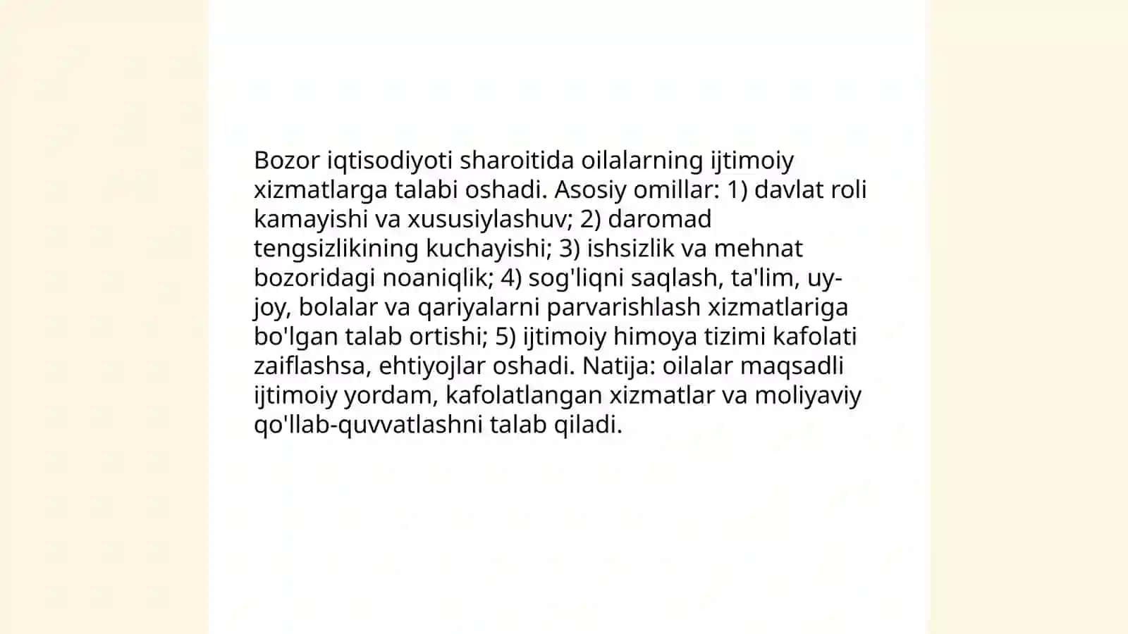 Bozor iqtisodiyoti sharoitida jamiyatdagi boshqa institutlar kabi oila va kishilarning sotsial guruhlari eng muhim ijtimoiy xizmatlarga talab va ehtiyojlari ortishi 3