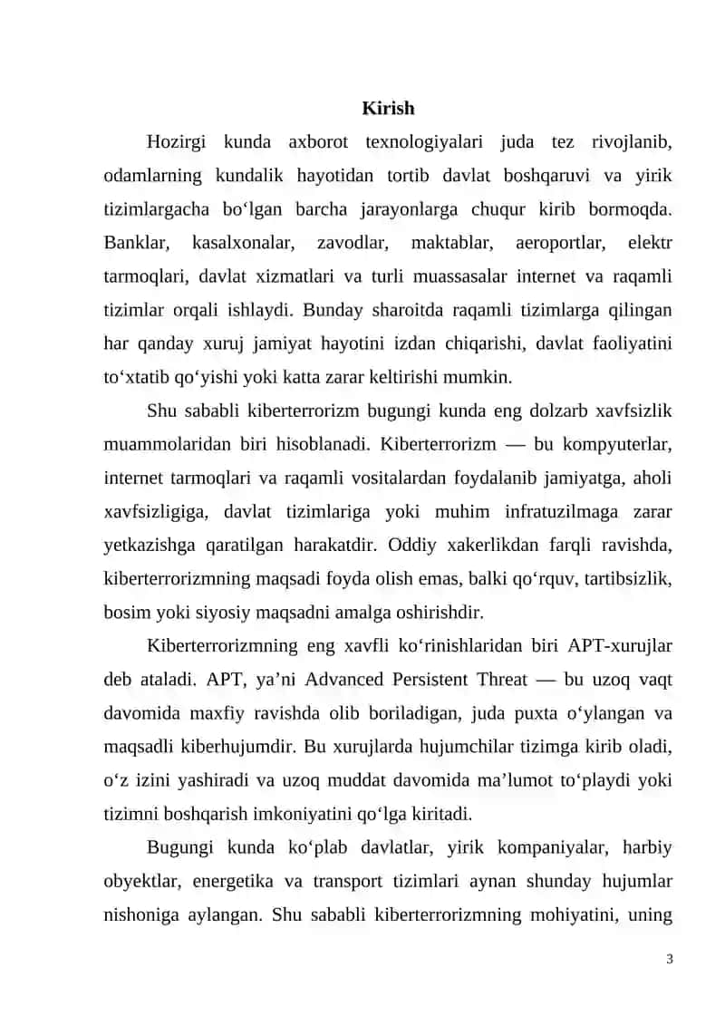 "KIBERTERRORIZM VA UNING TURLARI. APT-XURUJLAR" Mavzusida MUSTAQIL ISHI 3
