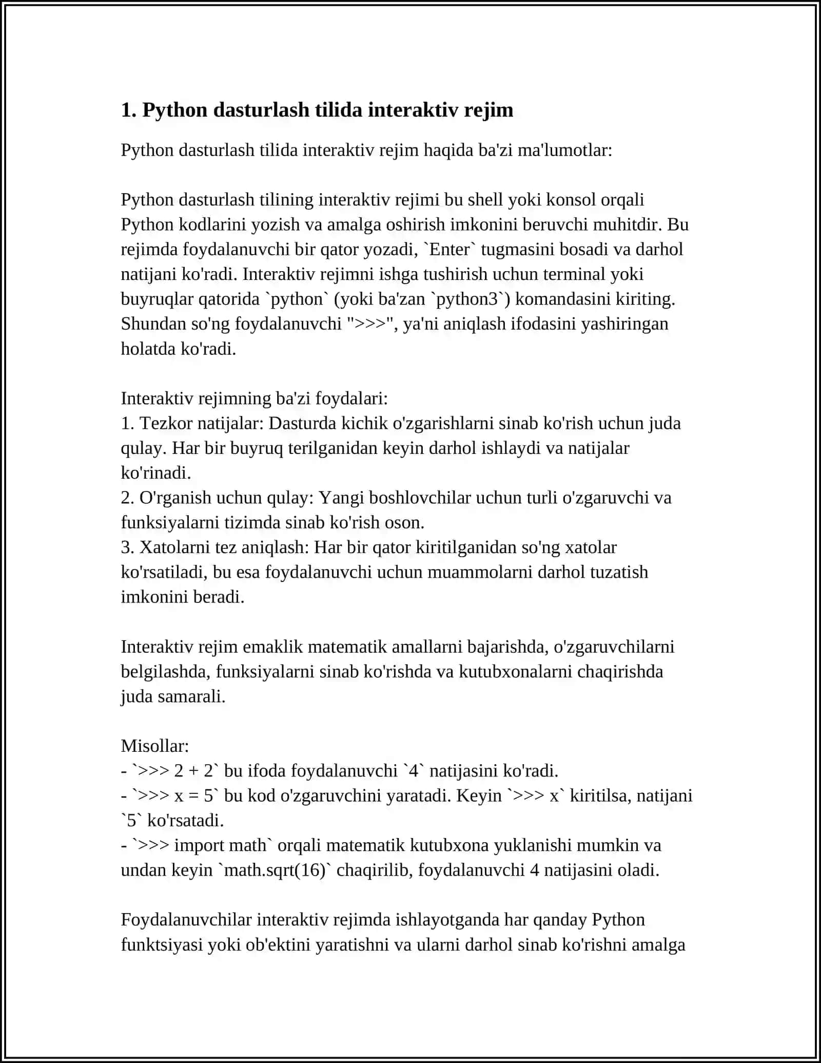 PYTHON DASTURLASH TILIDA INERAKTIV REJIM, BIRINCHI DASTUR, KIRITISH VA CHIQARISH OPERATORLARI 3