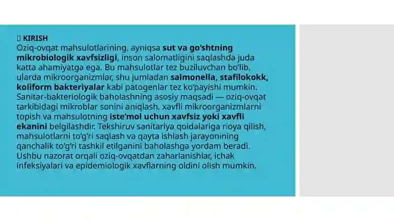 Oziq ovqat mahsulotlariga(sut va go’sht) sanitar bakteriologik baho berish va tahlil qilish 3