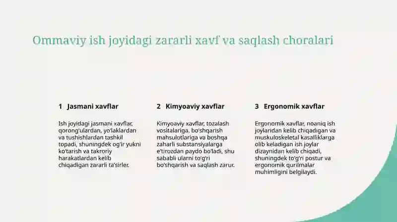 Ish joyida uchraydigan zararli ta'sirlar va gigiyenik bahosiga kirish 3