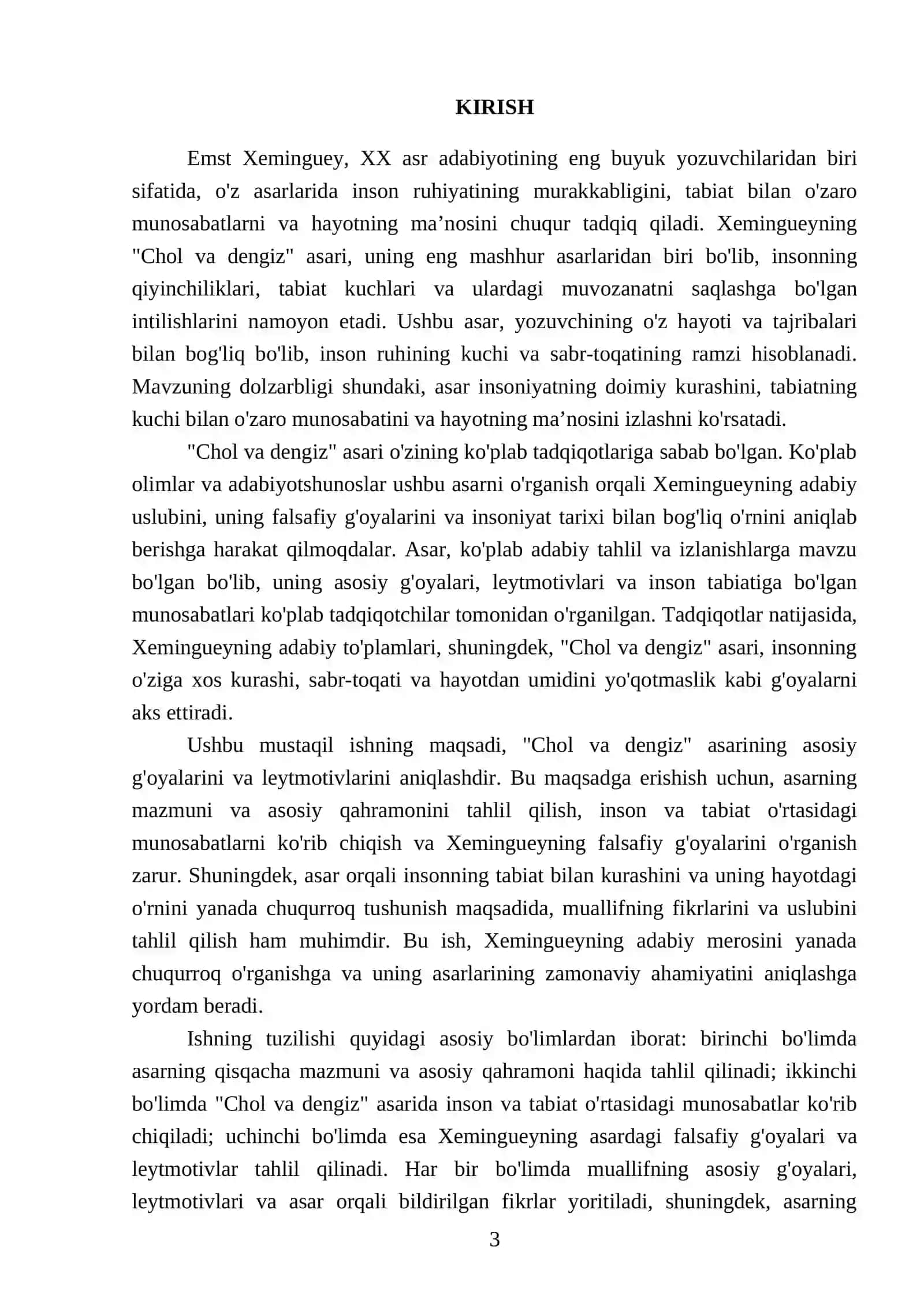 Chol va dengiz Emst Xeminguey asarining asosiy gʻoyasi va leytmotivini aniqlang 3