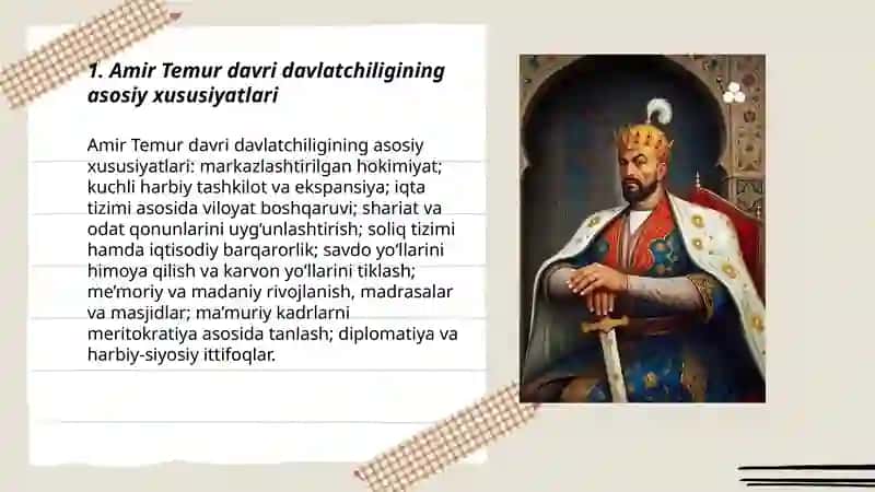 Amir Temur davri davlatchiligi.Oʻrta Osiyoning xonliklar ga bulinib ketishi uning sabablari va oqibatlari 3
