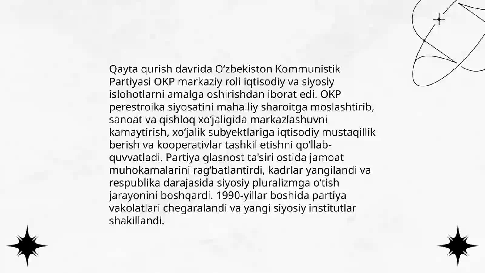 Qayta qurish davrida Oʻzbekiston Kommunistik Partiyasining roli va islohotlari 3