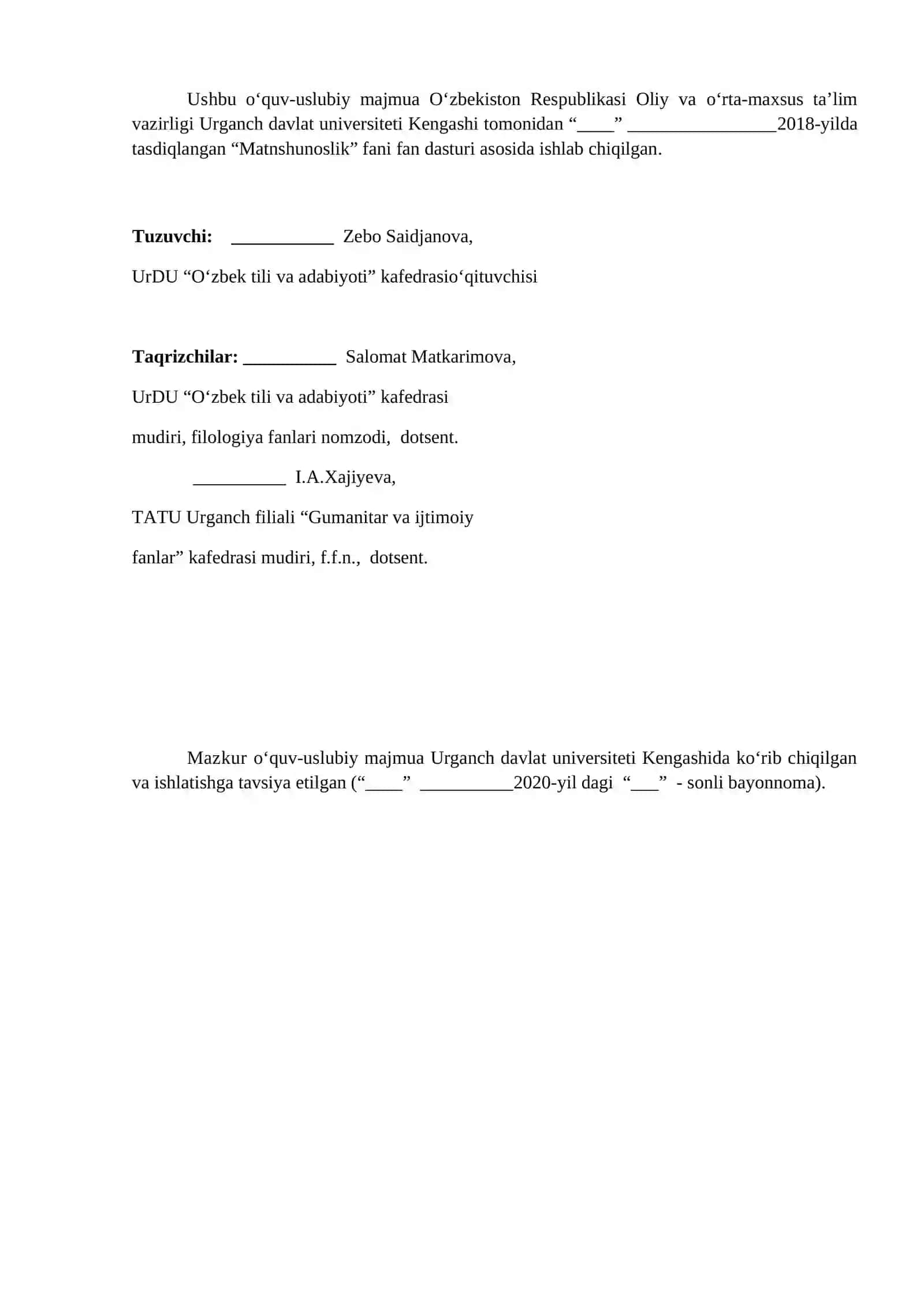 MATNSHUNOSLIK FANIDAN O‘QUV-USLUBIY MAJMUA 3