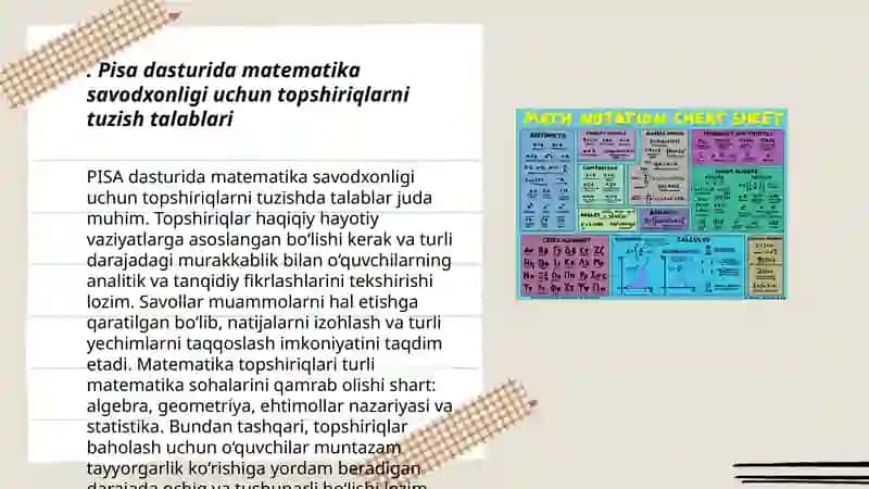 Pisa xalqaro baholash dasturida matematik savodxonlik òqish savodxonligi tabiiy ilmiy savodxonlik va kreativ fikrlash yònalishlaridagi topshiriqlar va savollarni tuzishga quyilgan talablar va baholash mezoni 3