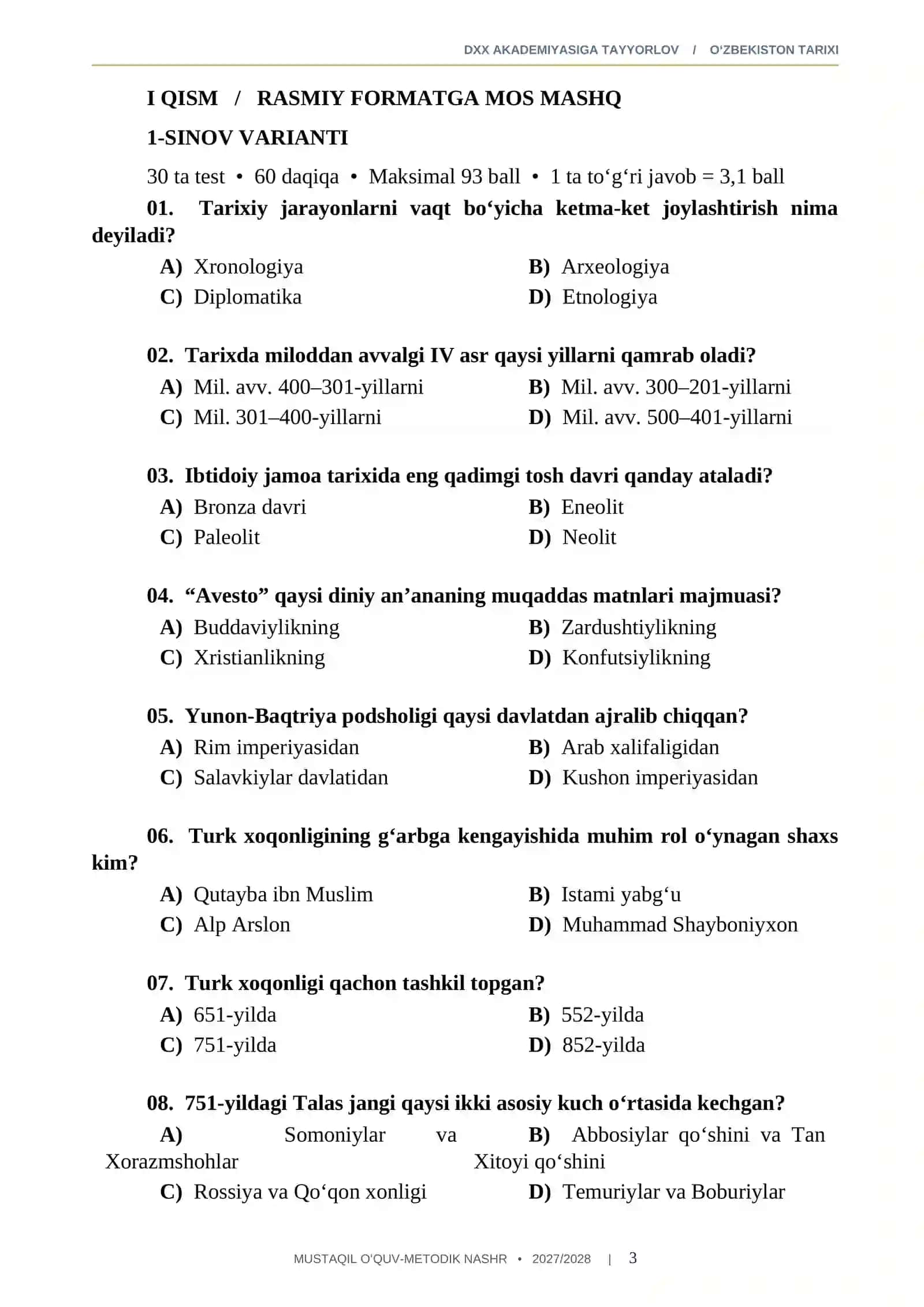 DXX AKADEMIYASIGA KIRISH O'zbekiston tarixi 200 test 2027-2028 QABUL.docx 3