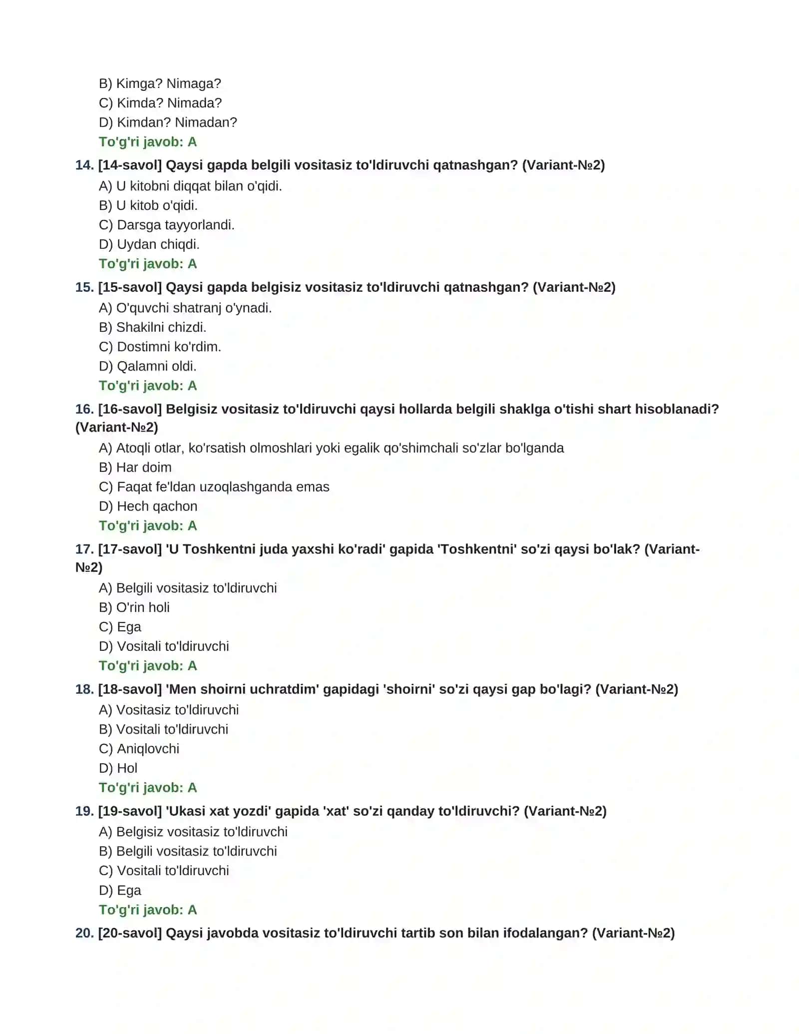 GAPNING IKKINCHI DARAJALI BO'LAKLARI: TO'LDIRUVCHI (VOSITASIZ  VA VOSITALI)  200 TA TEST TOPSHIRIQLARI  JAVOBLARI BILAN 3