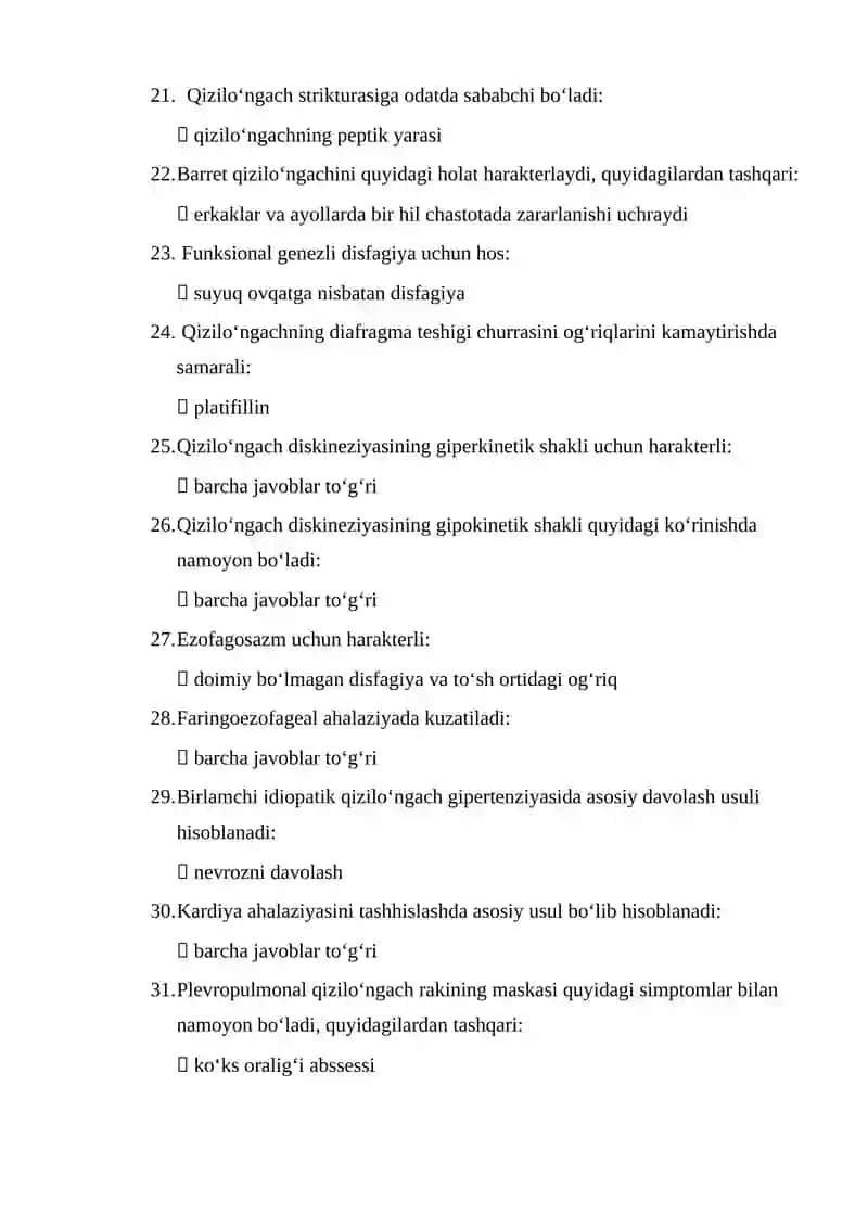 Gastroenterologiya mutaxassisligi boʻyicha shakllantirilgan test savollari roʻyxati 3