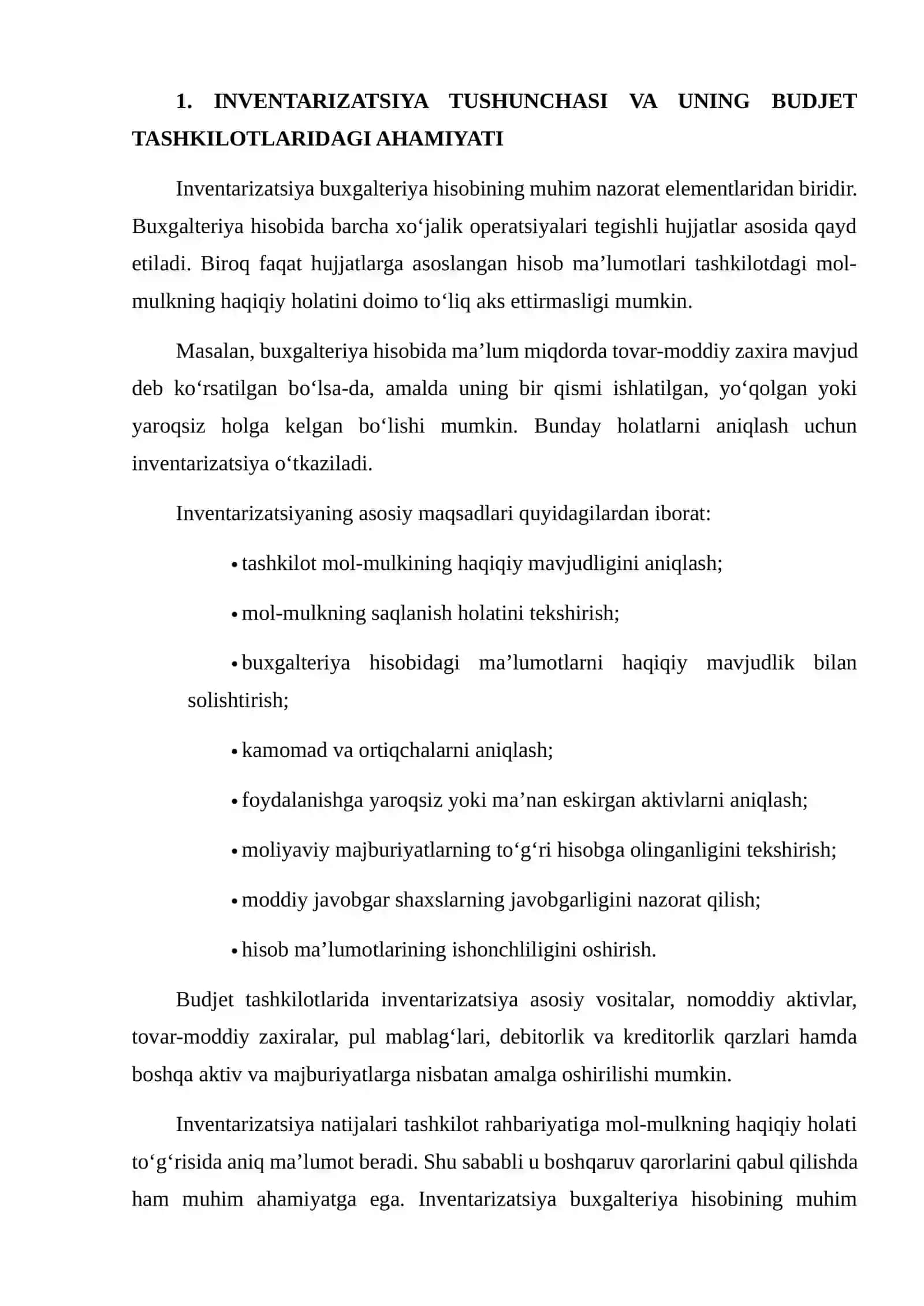 BuDJET TASHKILOTLARIDA INVENTARIZATSIYANI TASHKIL ETISH VA UNING HISOBDAGI AHAMIYATI 3