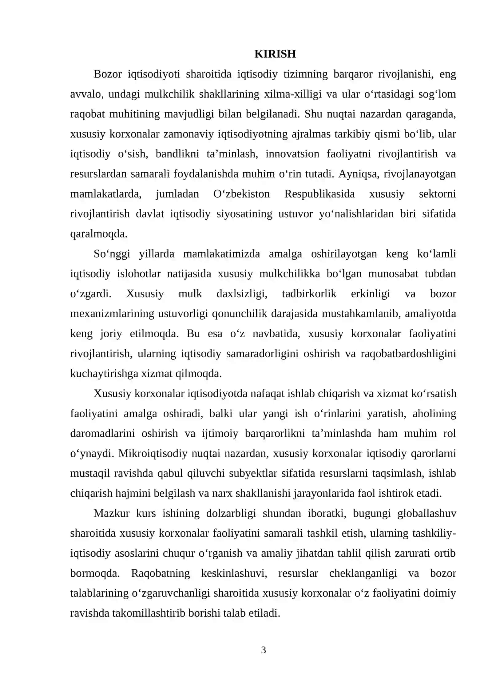 “XUSUSIY KORXONALARNING TASHKILIY-IQTISODIY ASOSLARI” MAVZUSIDAGI KURS ISHI 3