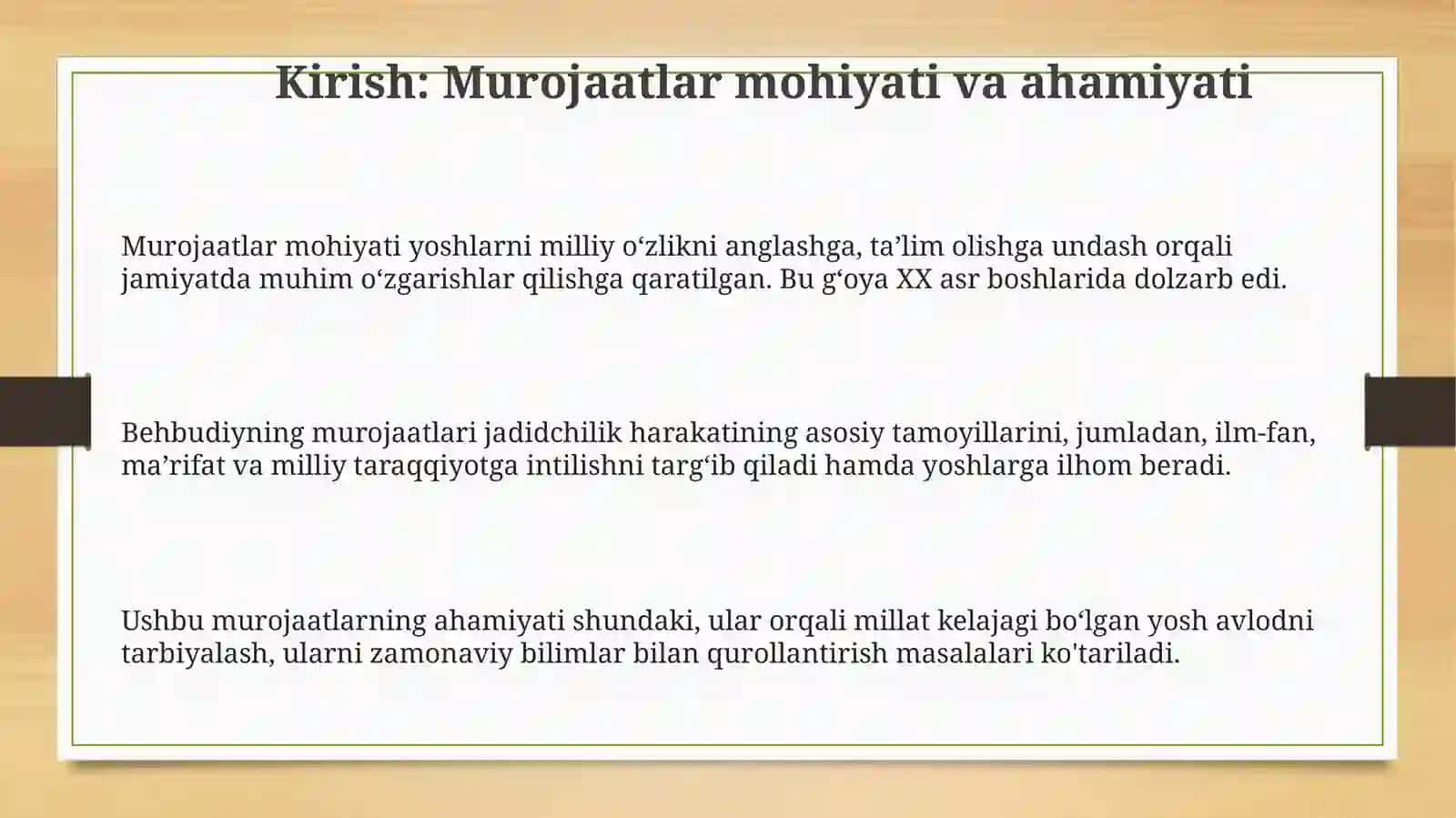 M.Behbudiyning "Yoshlanga murojaat" va Muhtaram yoshlarga murojsat™ magolalarini tahlil et 3