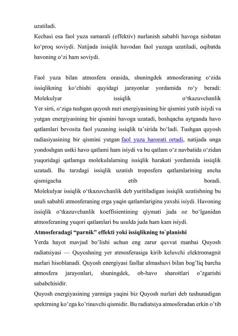 Atmosferadagi issiqlik muvozanati o‘zgarishining sayyora iqlimiga ta'siri, parnik effekti. 3