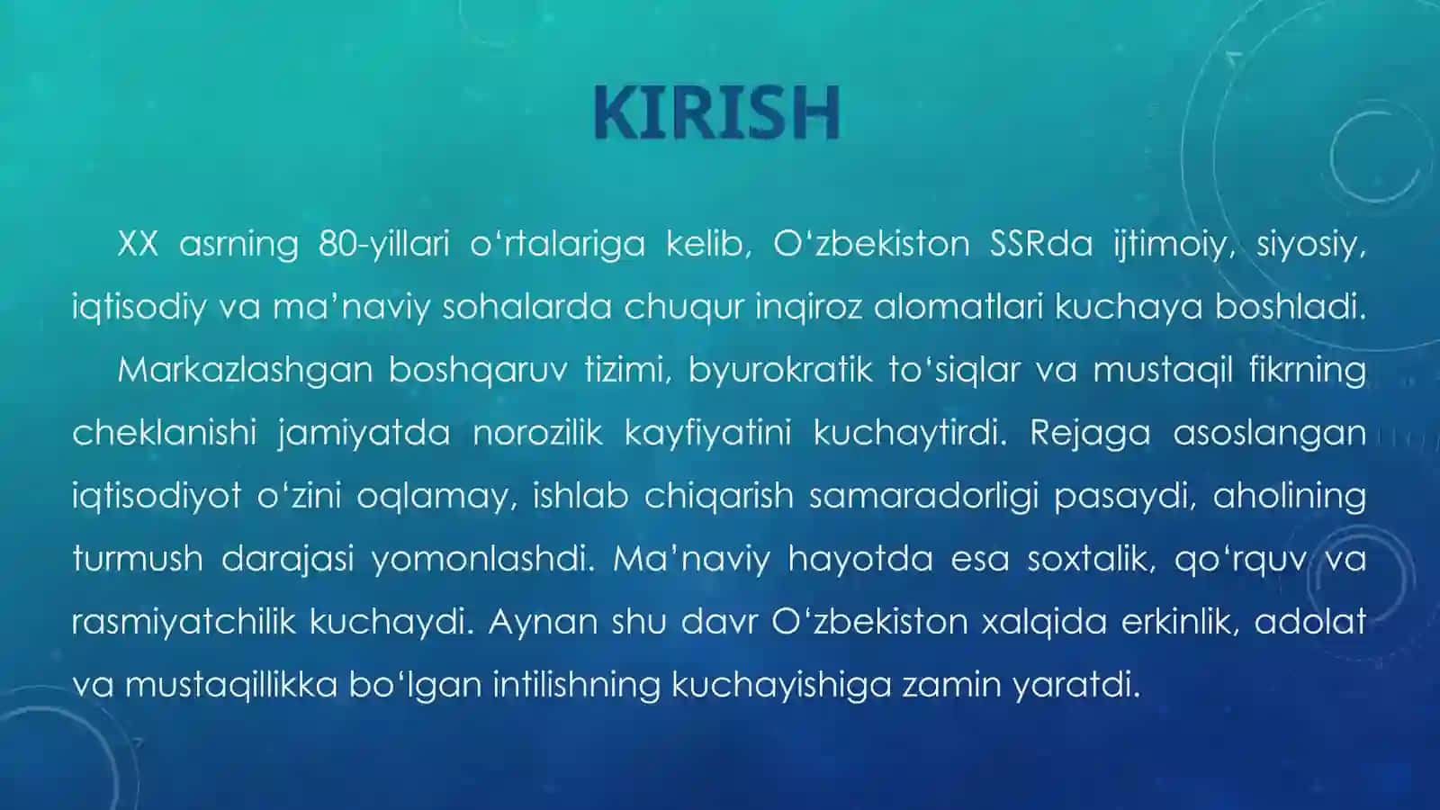 XX ASR 80-YILLARI O'RTALARIDA RESPUBLIKAMISDAGI IJTIMOIY-SIYOSIY, IQTISODIY VA MA'NAVIY HAYOTIDAGI INQIROZLI HOLAT 3