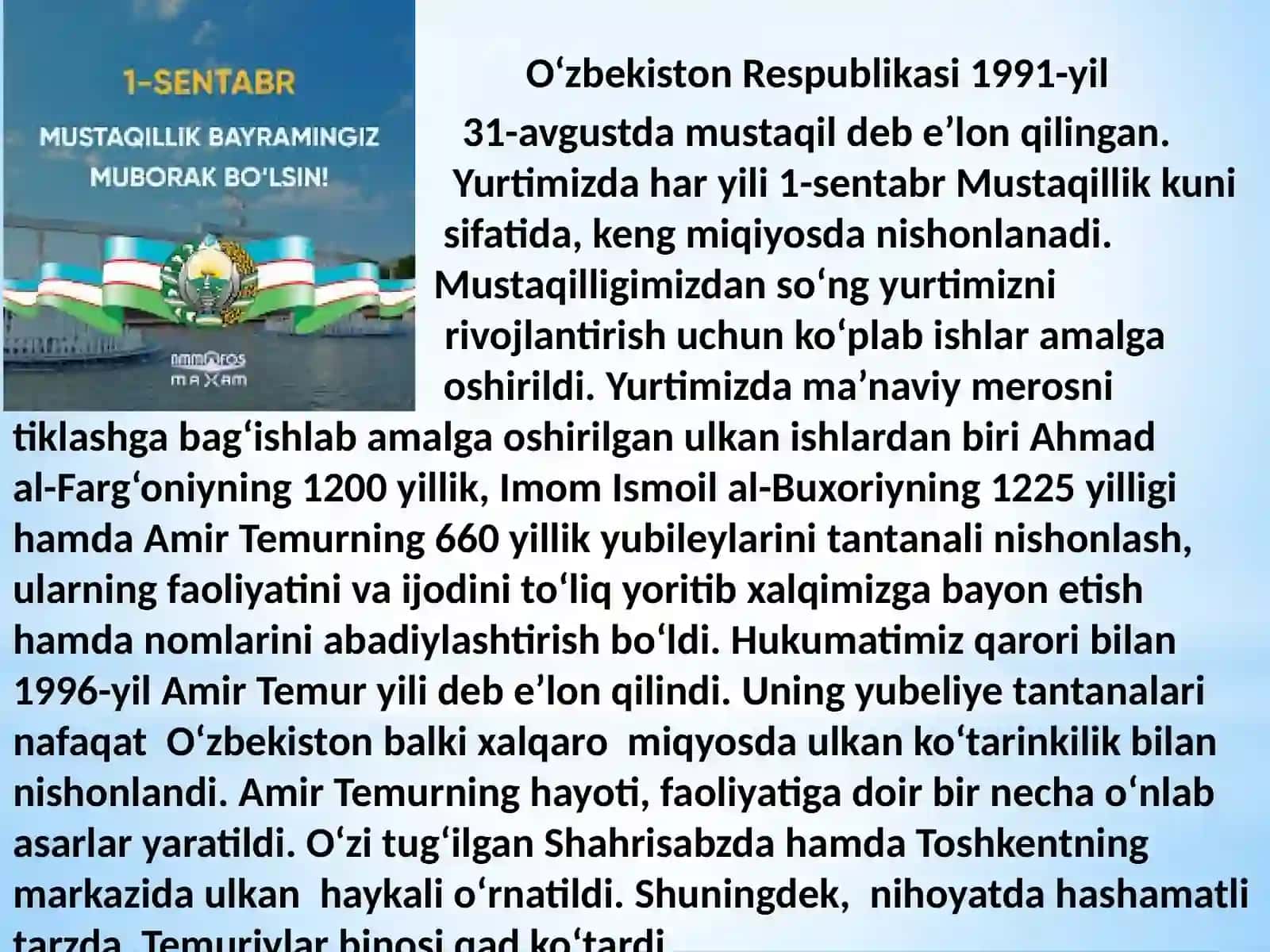 Mustaqillik yillarida O‘zbekistonning ma’naviy va madaniy taraqqiyoti. O‘zbekiston Respublikasida ta’lim sohasida amalga oshirilgan islohotlar. Mustaqillik yillarida Qoraqalpog‘iston Respublikasi. 3