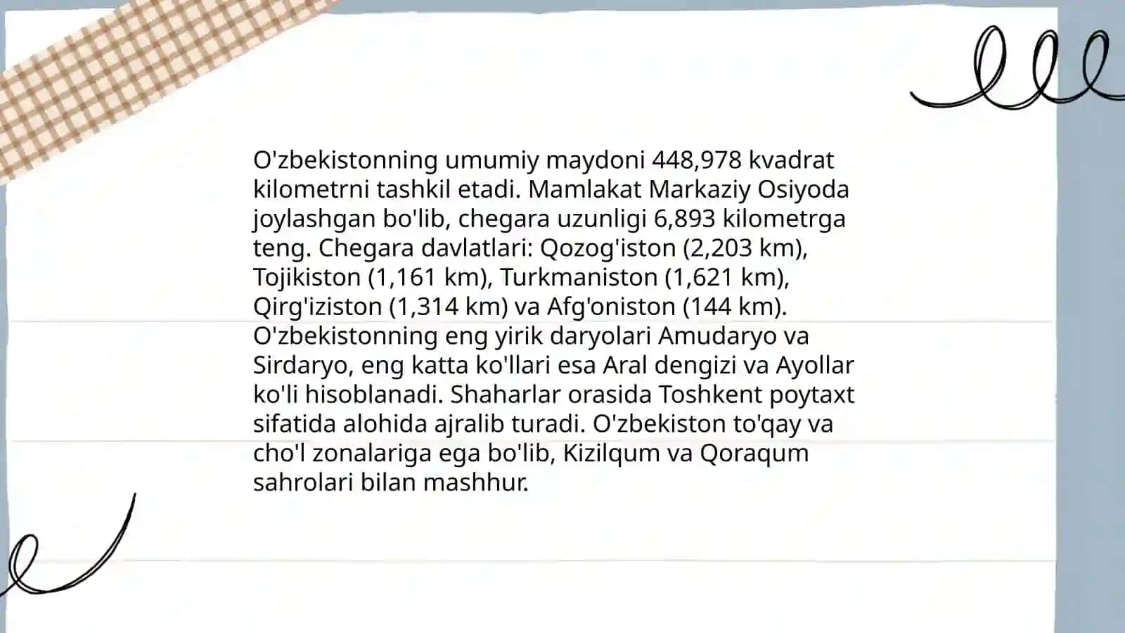 O’zbekistonning tekislanish yuzasi Rustamova E’tiborxon 3