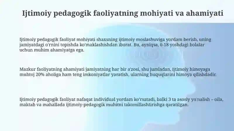 Ijtimoiy pedagogik faoliyat turlarining ahamyati 3