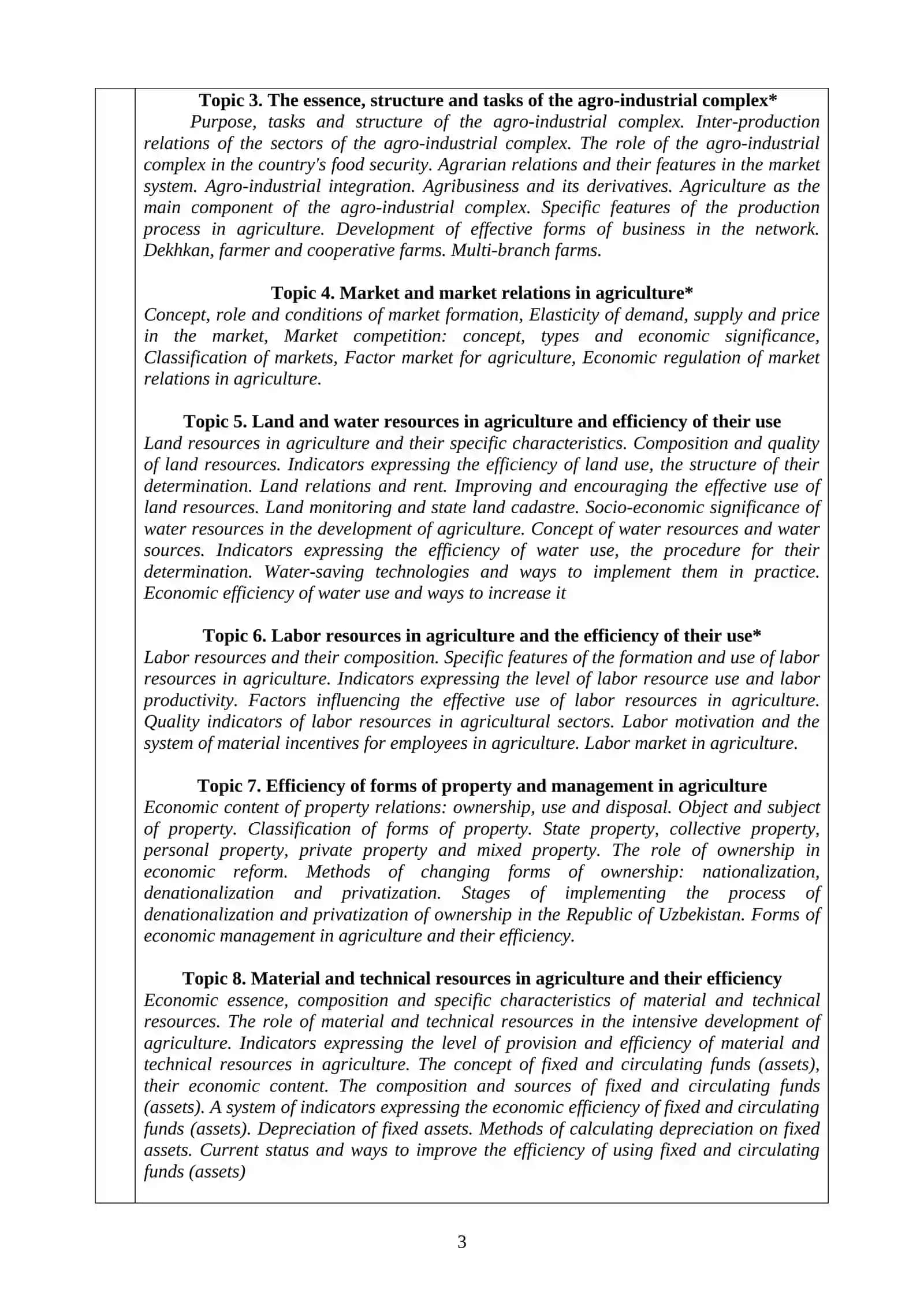 AGRICULTURAL ECONOMICS CURRICULUM 3