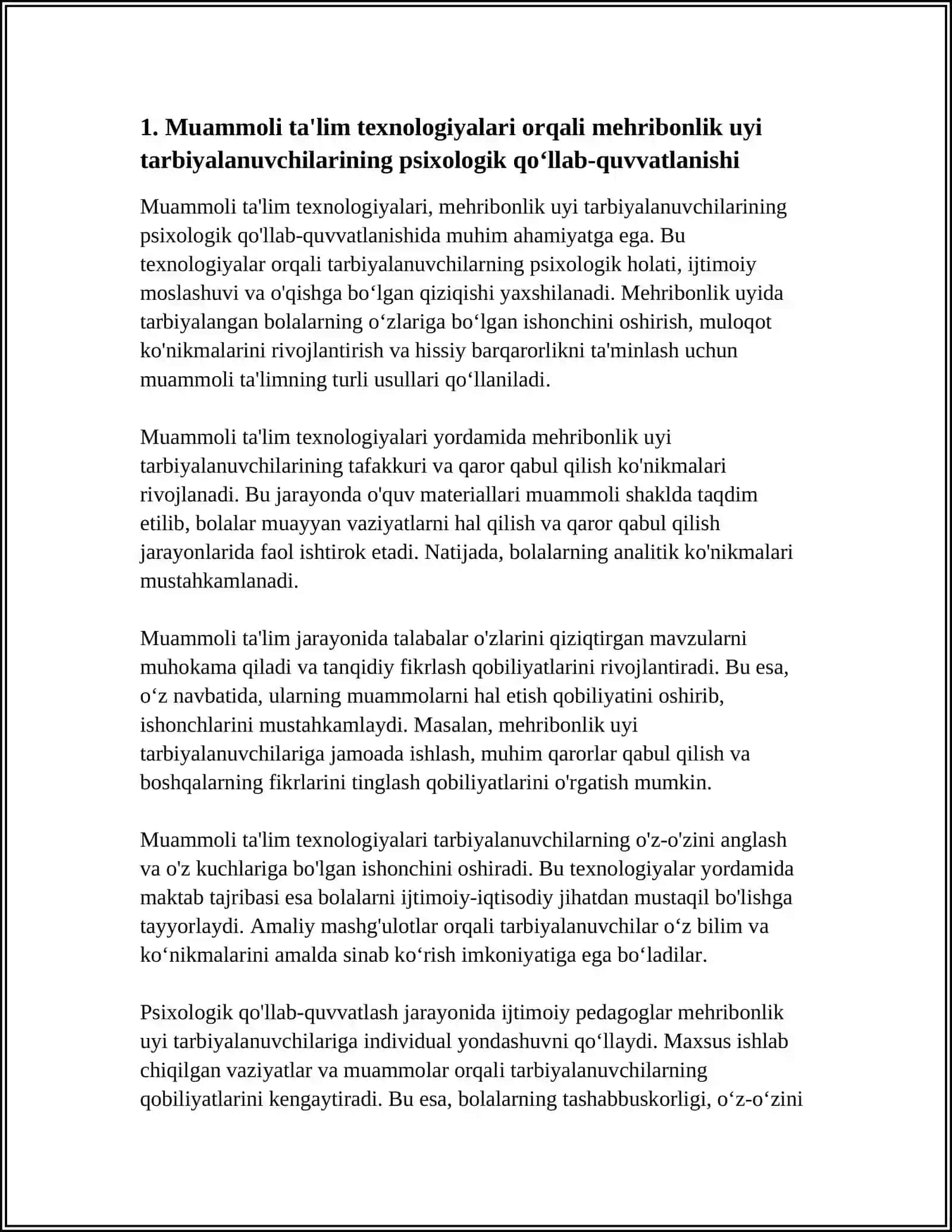 MEHRIBONLIK UYI TARBIYALANUVCHILARI BILAN OLOB BORILADIGAN IJTIMOIY -PEDAGOG FAOLIYATDA MUAMMOLI TALIM TEXNOLOGIYLARDAN FOYDALANISH 3