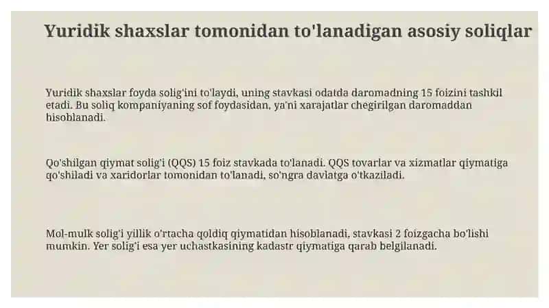 Yuridik shaxslar to'laydigan soliqlarga umumiy tavsifnoma 3
