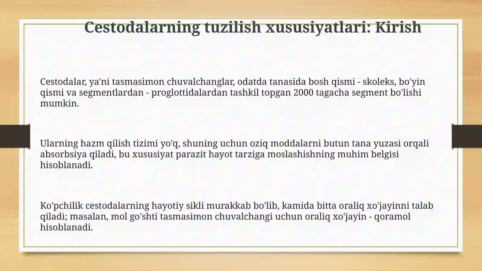 Cestodalarning tuzilishidagi ayrim belgilari,muhim vakillari,tuzilishi,rivojlanishi 3