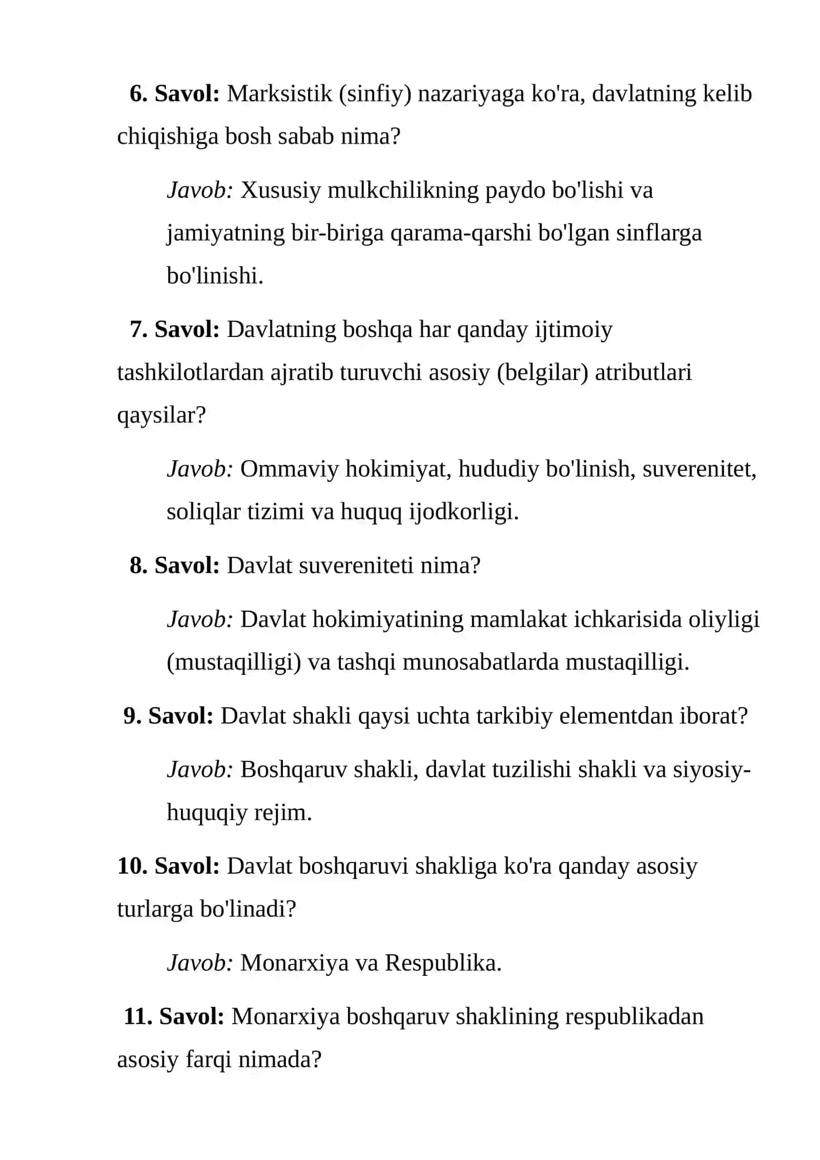 I Blok. Davlat nazariyasi va mohiyati bo‘yicha imtihonlarda eng ko‘p qo‘llaniladigan va poydevor hisoblangan 30 ta tezkor savol-javob konspekti 3