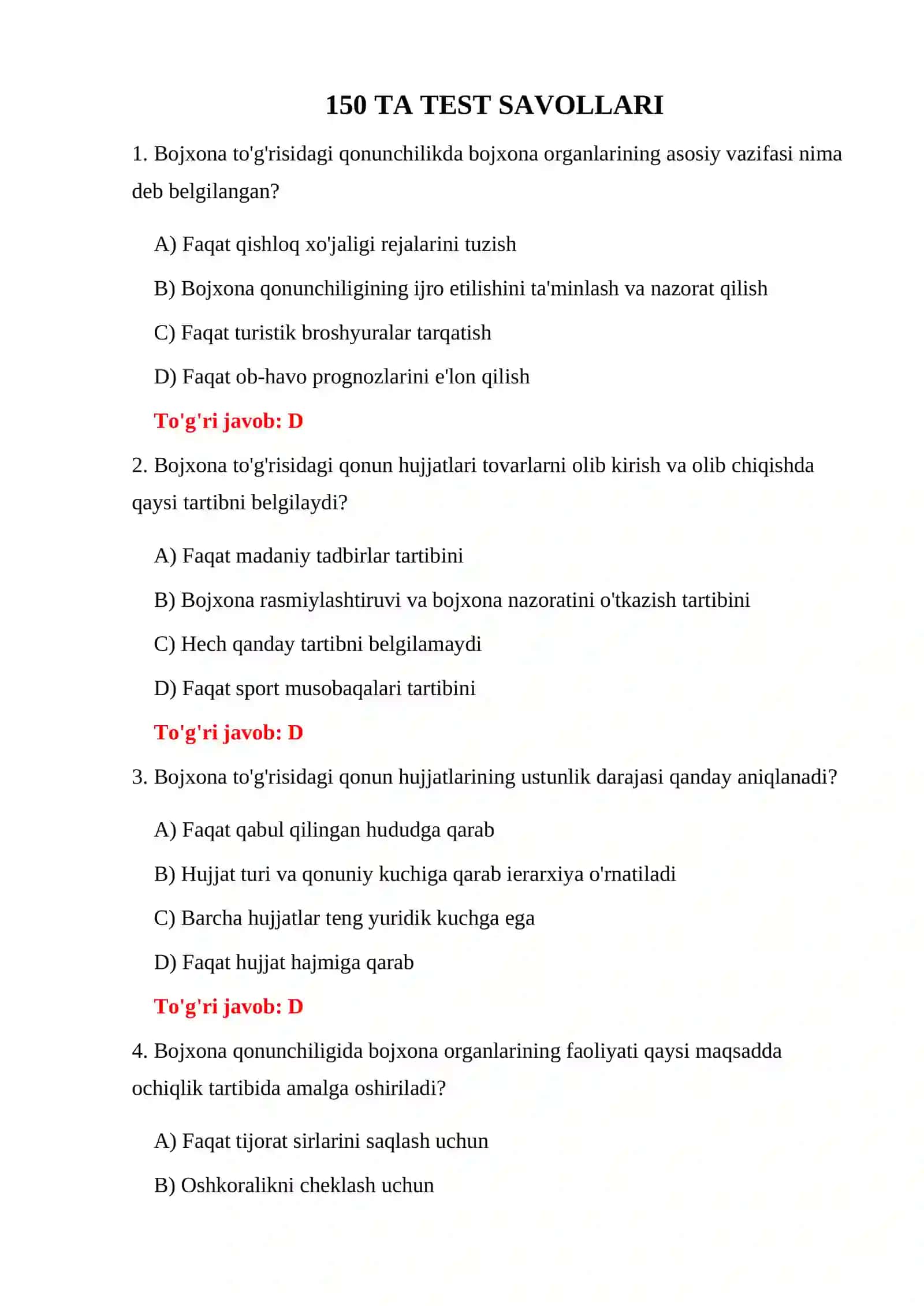 Bojxona Qonunchiligi Nazorat Testlari 3