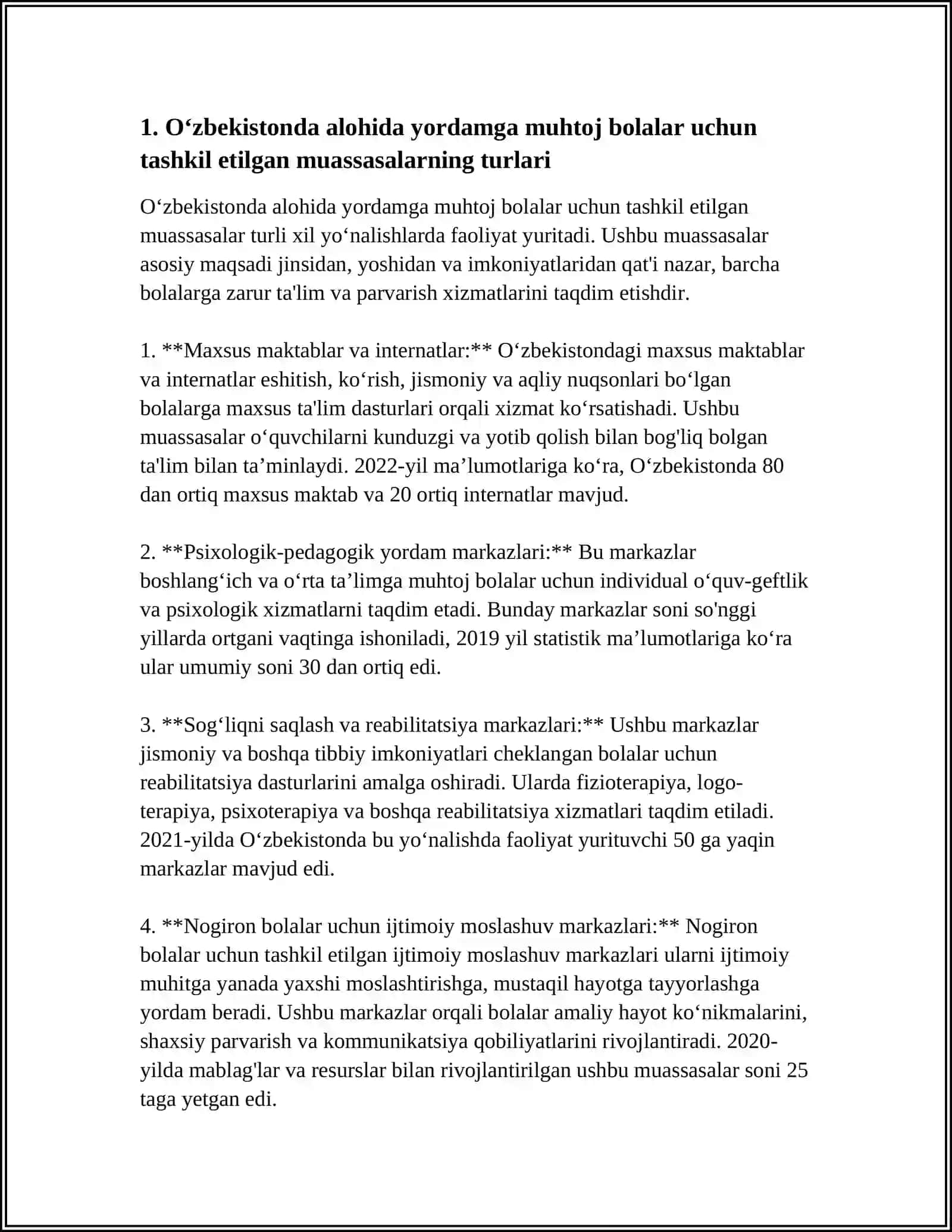 Oʻzbekistonda alohida yordamga muhtoj bolalar uchun tashkil etilgan muassasalar va ularning faoliyati 3