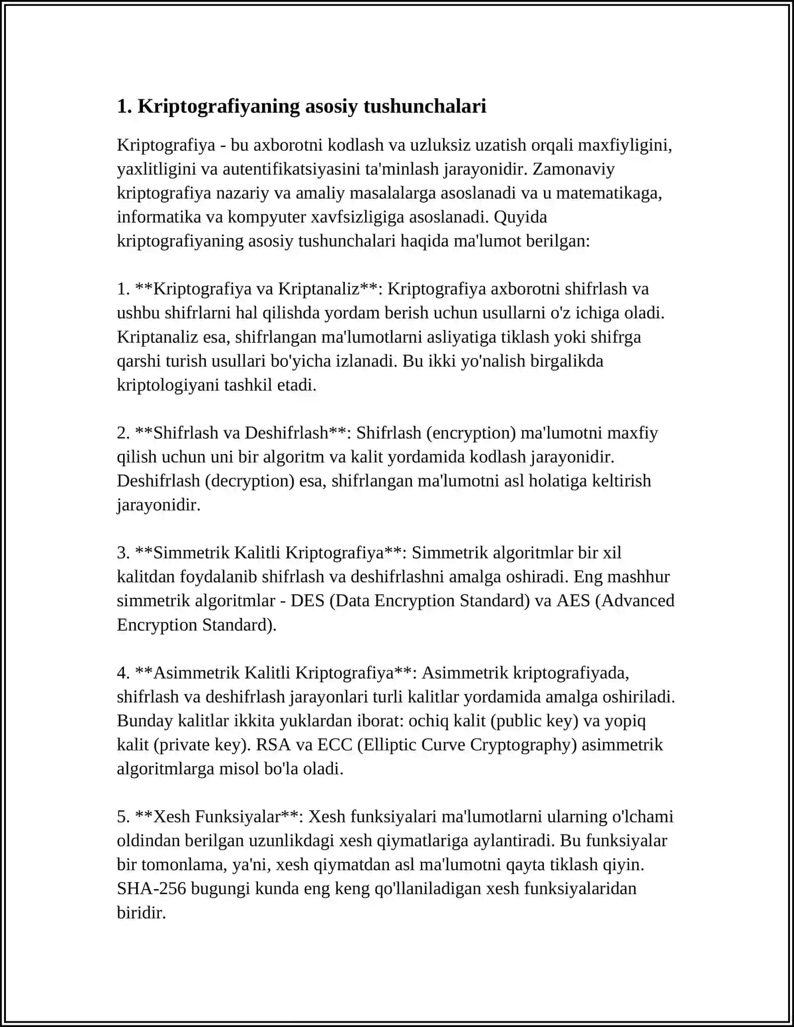 KRIPTOGRAFIYANING ASOSIY TUSHUNCHALARI. SODDA SHIFRLASH ALGORITMI. O'RINLARINI ALMASHTIRISH SHIFRLARI VIJNER USULI. SEZARNING SHIFRLASH TIZIMI. XESH FUNKSIYASI 3