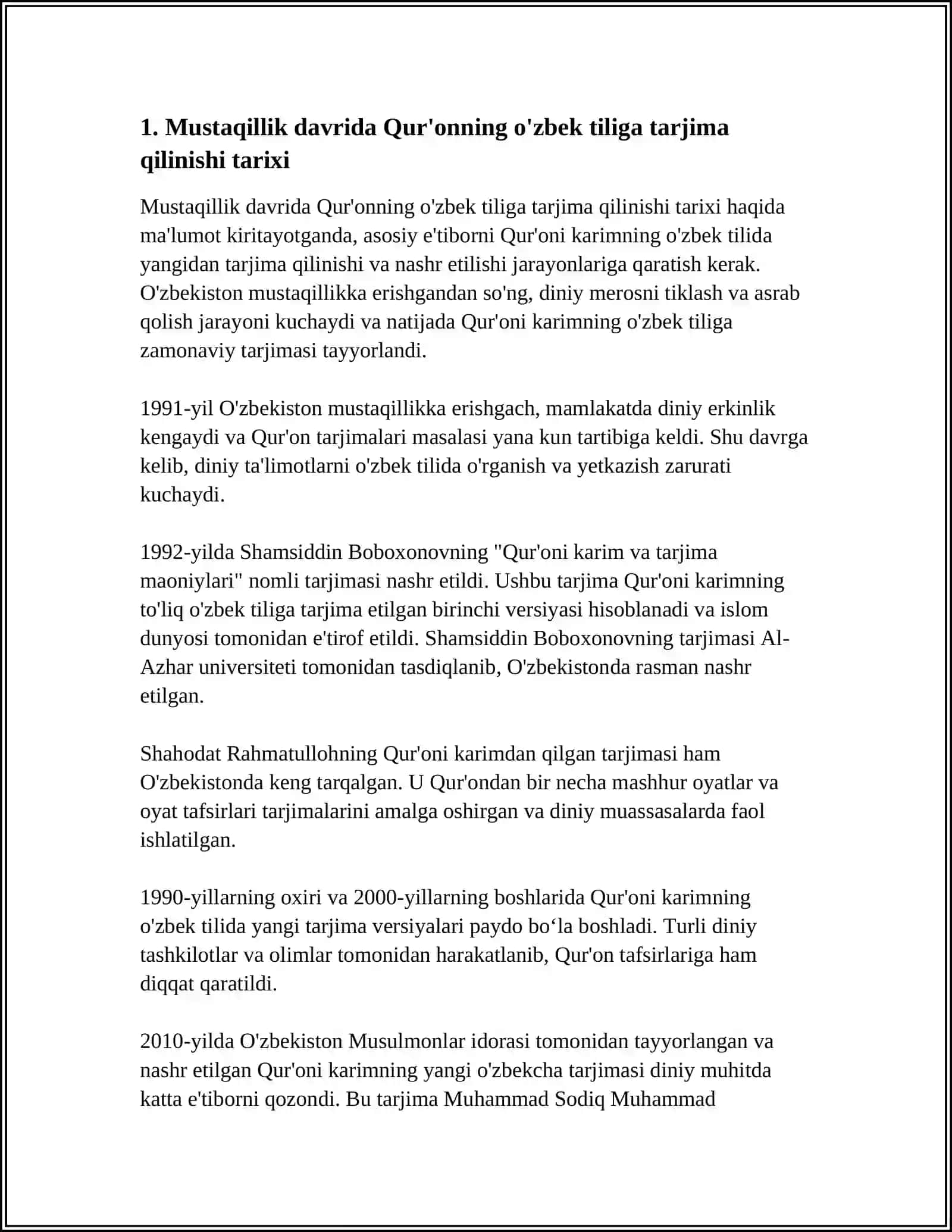 Mustaqillik Yillarida Qur'onning O‘zbek Tiliga Tarjima Qilinishi va Tafsirlari Haqida 3