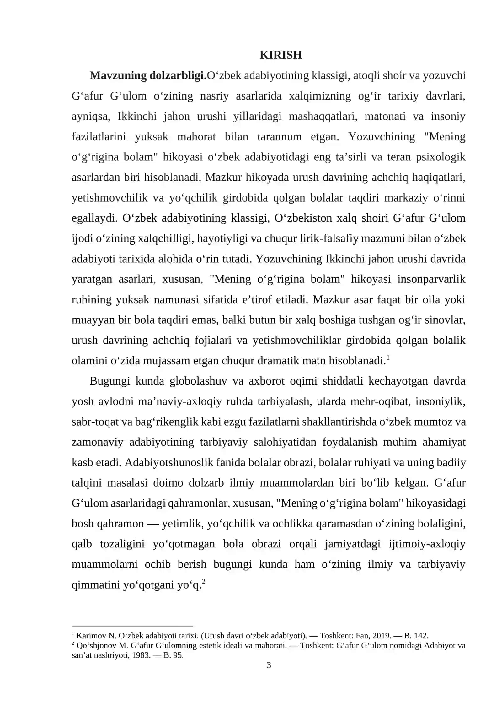 Gʻafur Gʻulomning "Mening oʻgʻrigina bolam" hikoyasida bola obrazi 3