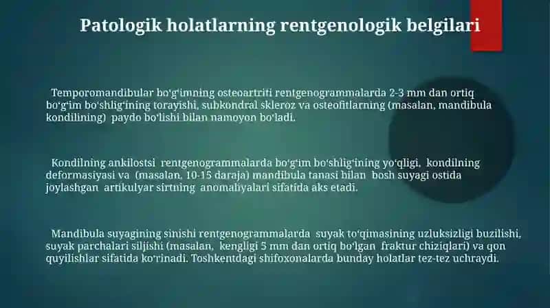Kalla suyaklarining birlashuvi chakka pastki-jağ bõğimi suyak va bõğimlarning rentgen anatomiyasi 3