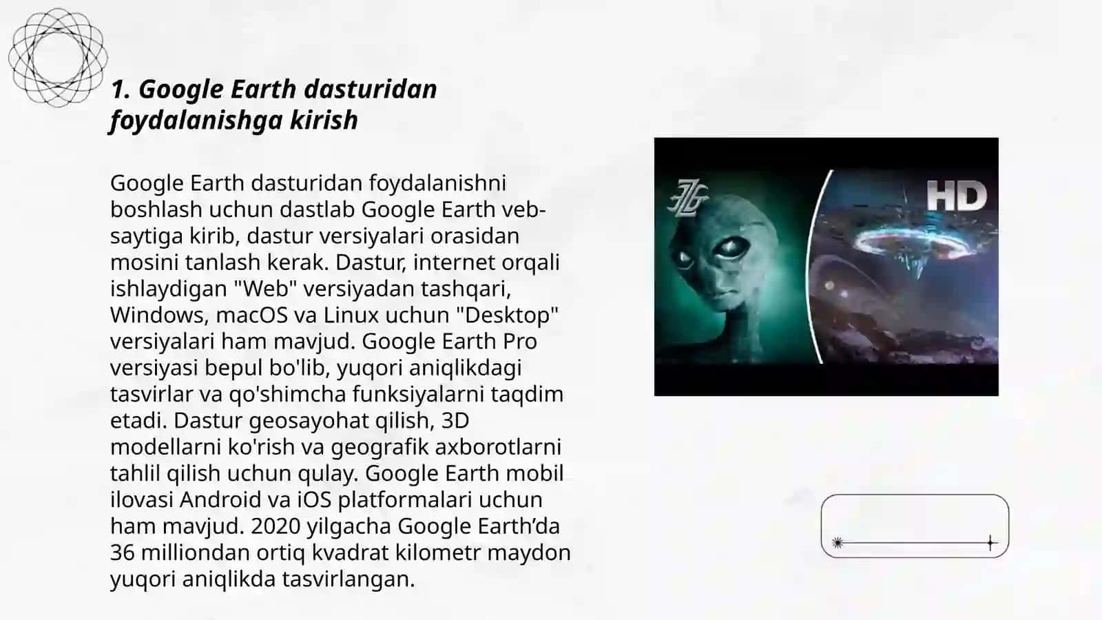 Google Earth dasturidan foydalanish va arxeologik yodgorliklarining aerokosmofotosuratlarni tushirish Jumayeva Marjona 3