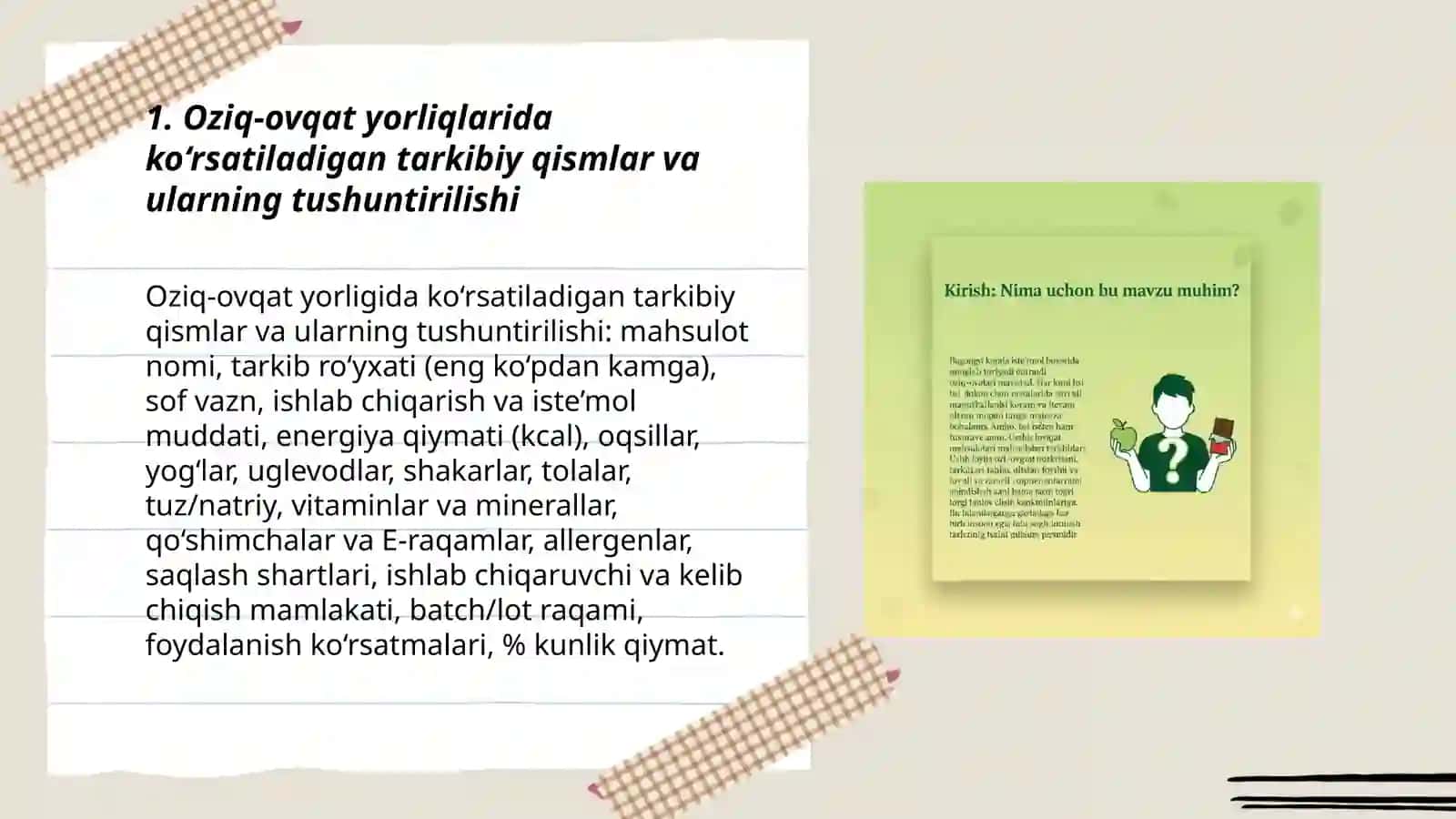 Oziq-ovqat mahsulotlari tarkibi,yorliqlar orqali mahsulotlarning foydali yoki zararliligini o‘rganish 3