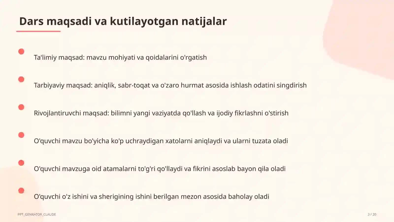 Sinf soati va tarbiyaviy tadbirlar (1– 3