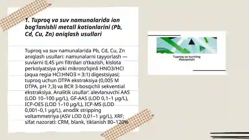 Tuproq va suvning ifloslanishida ion bogʻlanishli birikmalarni aniqlab, ulardan tozalash usulini ishlab chiqarish 3