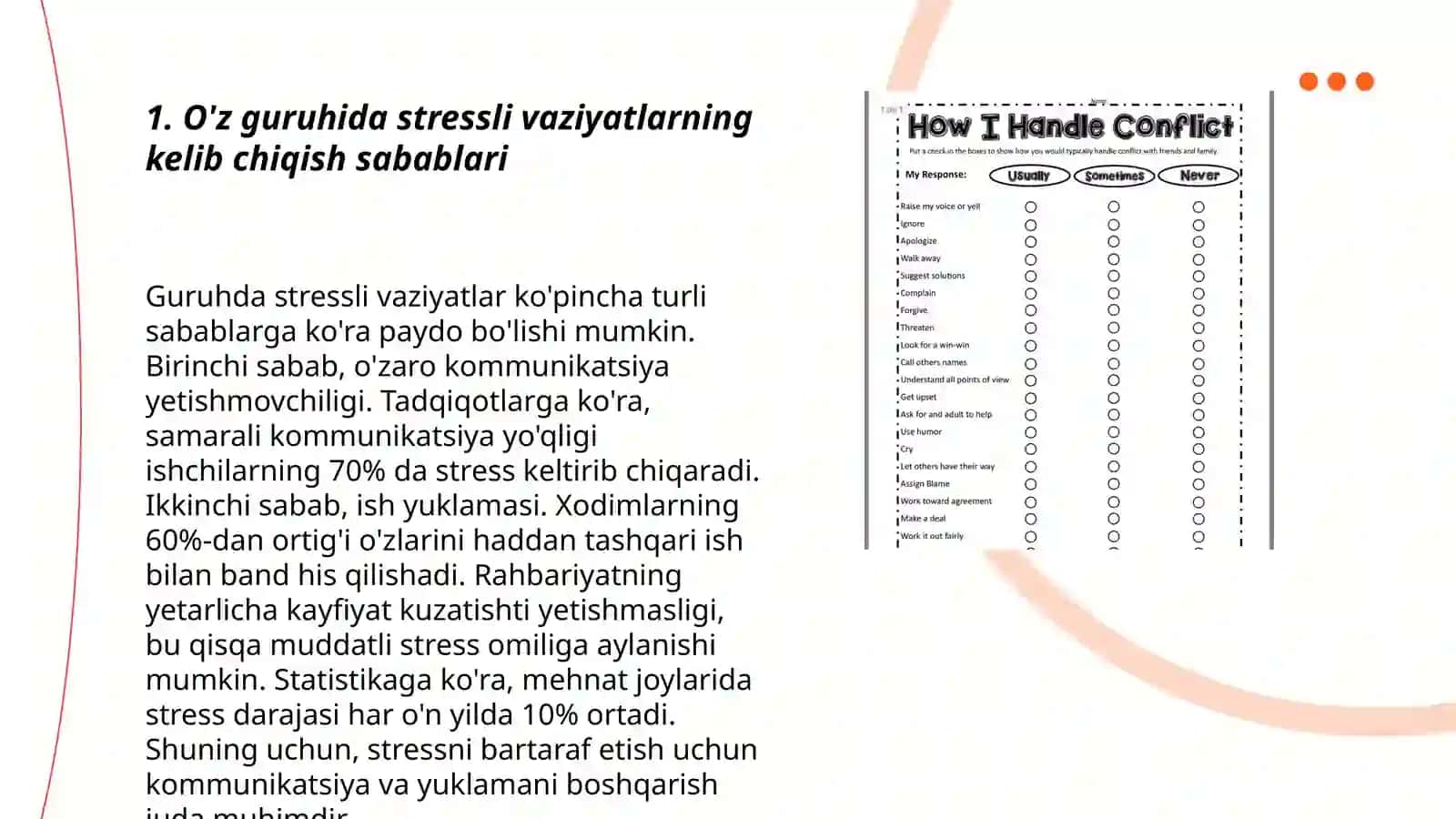 O'z guruhida konfliktli-stressli vaziyatlarni tahlil etish 3